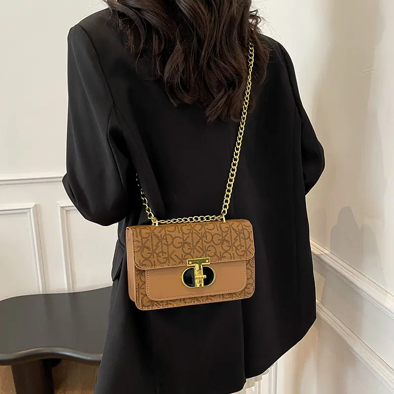 Brown Monogram Chain Shoulder Bag with Gold Clasp - Image 6