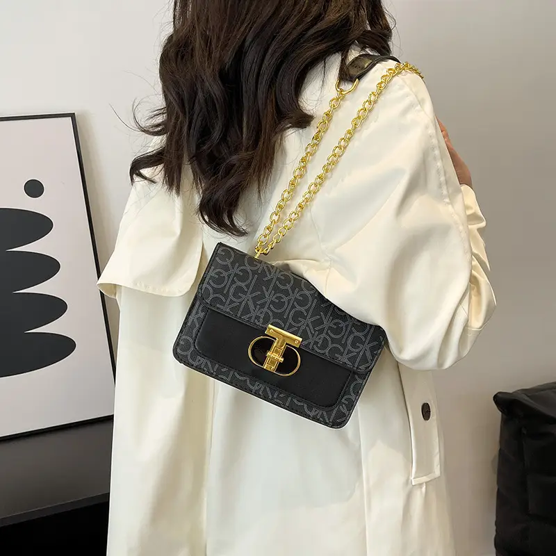 Brown Monogram Chain Shoulder Bag with Gold Clasp - Image 7