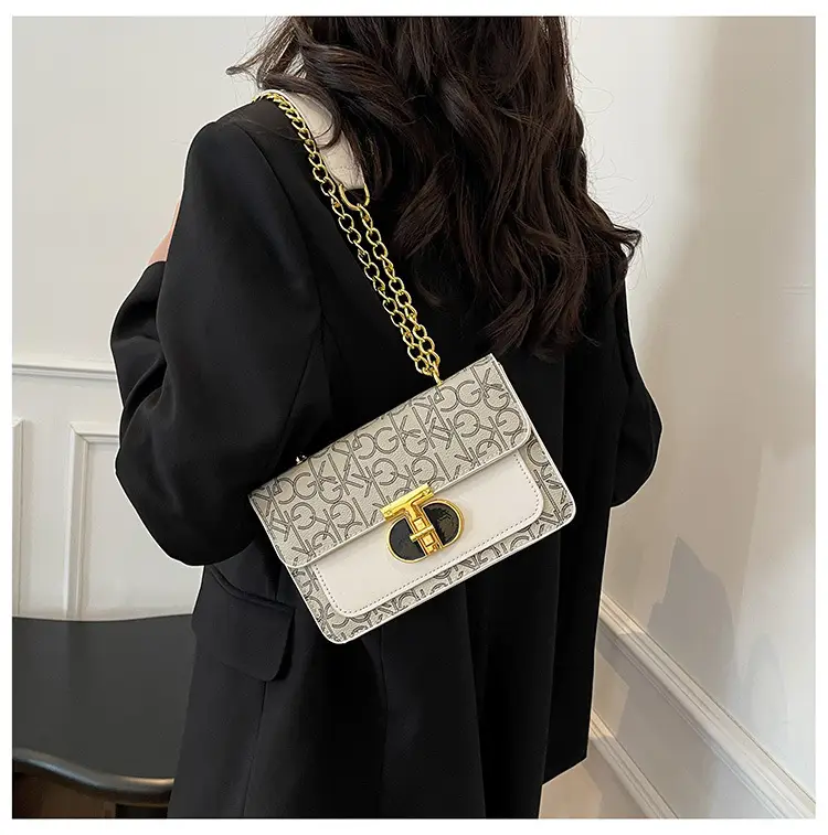 Brown Monogram Chain Shoulder Bag with Gold Clasp — feature 13