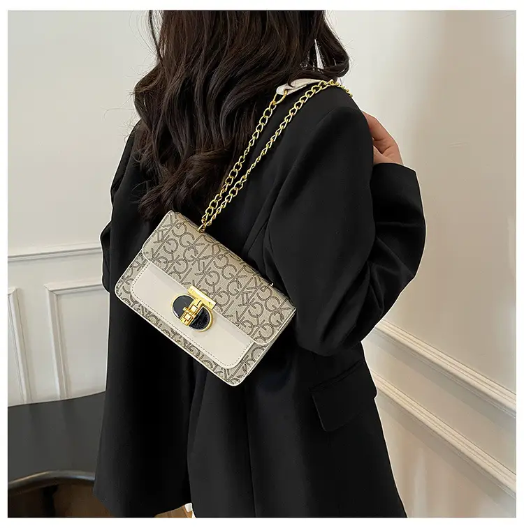 Brown Monogram Chain Shoulder Bag with Gold Clasp — feature 15
