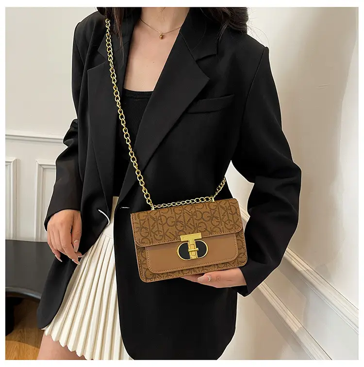 Brown Monogram Chain Shoulder Bag with Gold Clasp — feature 21