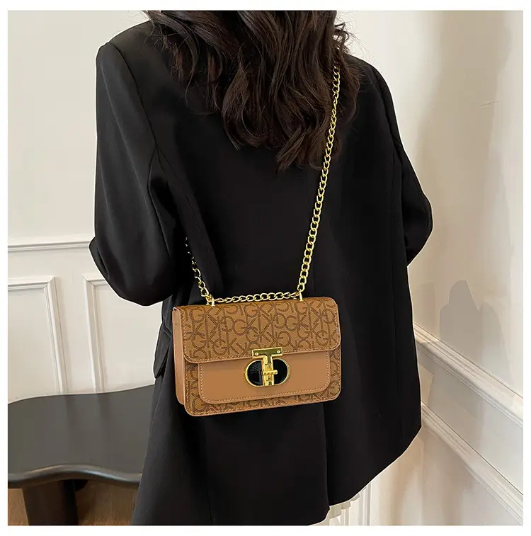 Brown Monogram Chain Shoulder Bag with Gold Clasp — feature 22