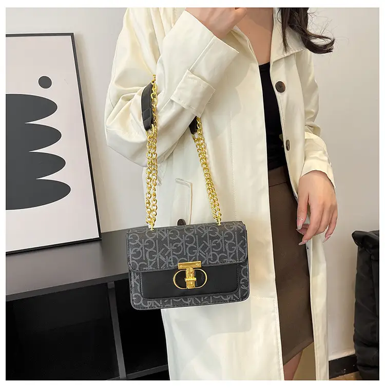 Brown Monogram Chain Shoulder Bag with Gold Clasp — feature 26