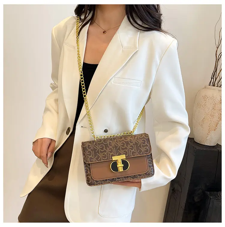 Brown Monogram Chain Shoulder Bag with Gold Clasp — feature 28