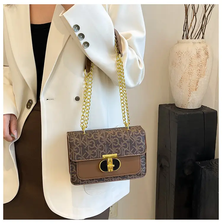 Brown Monogram Chain Shoulder Bag with Gold Clasp — feature 31