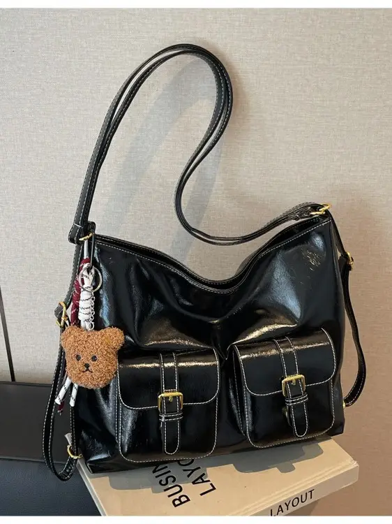 Black Leather Crossbody Bag with Gold Clasp & Teddy Keychain - Image 6