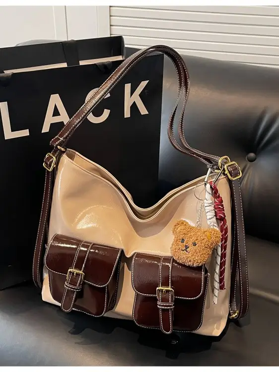 Black Leather Crossbody Bag with Gold Clasp & Teddy Keychain - Image 7
