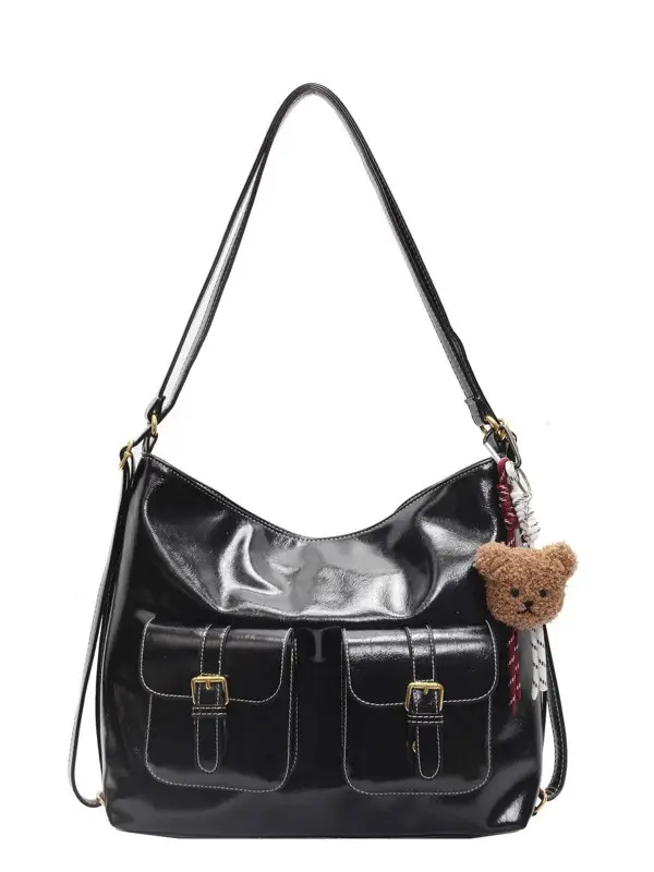 Black Leather Crossbody Bag with Gold Clasp & Teddy Keychain - Image 8