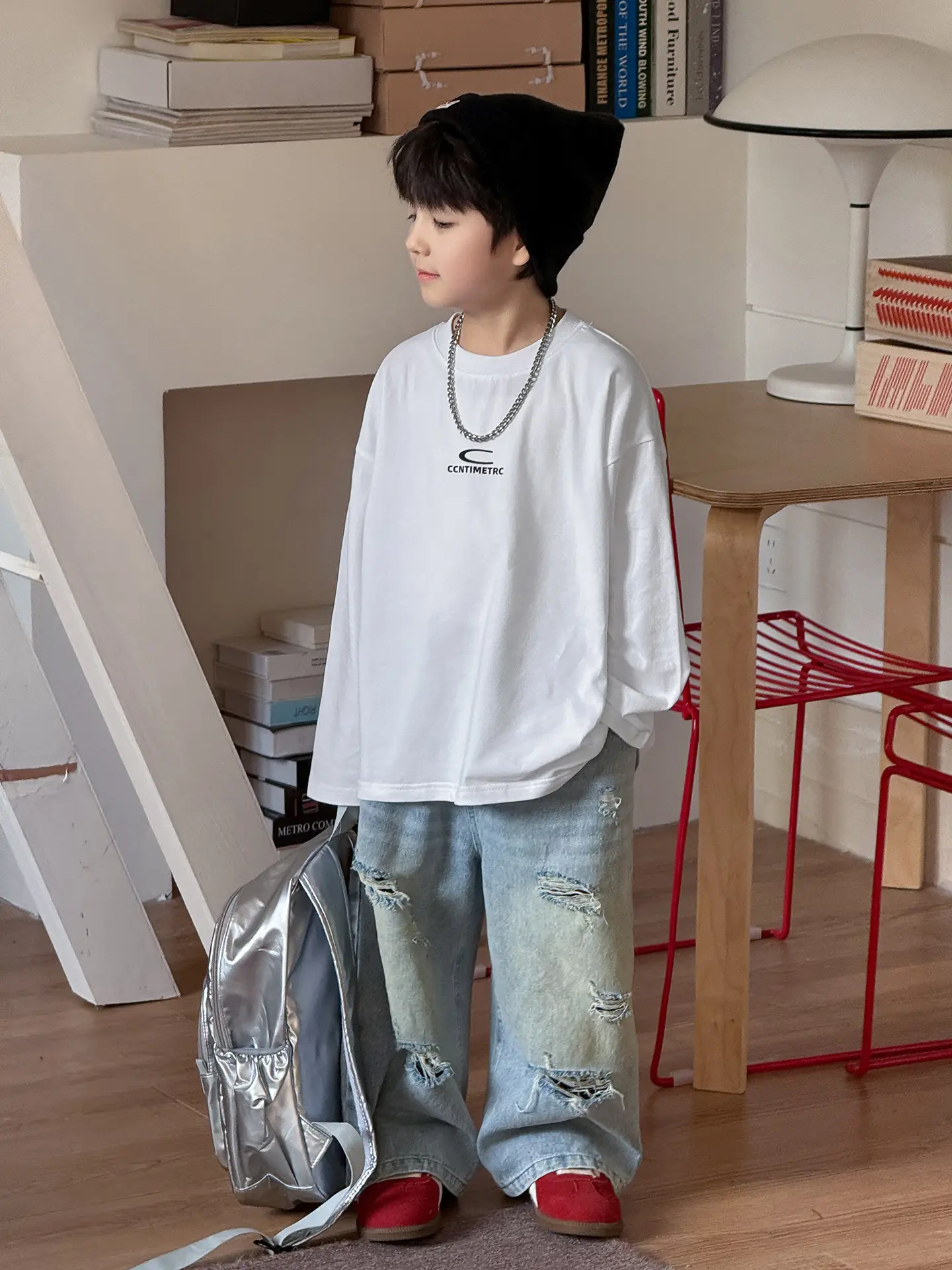 Tongku Boys Letter T-Shirt Solid White Korean Style - Image 5