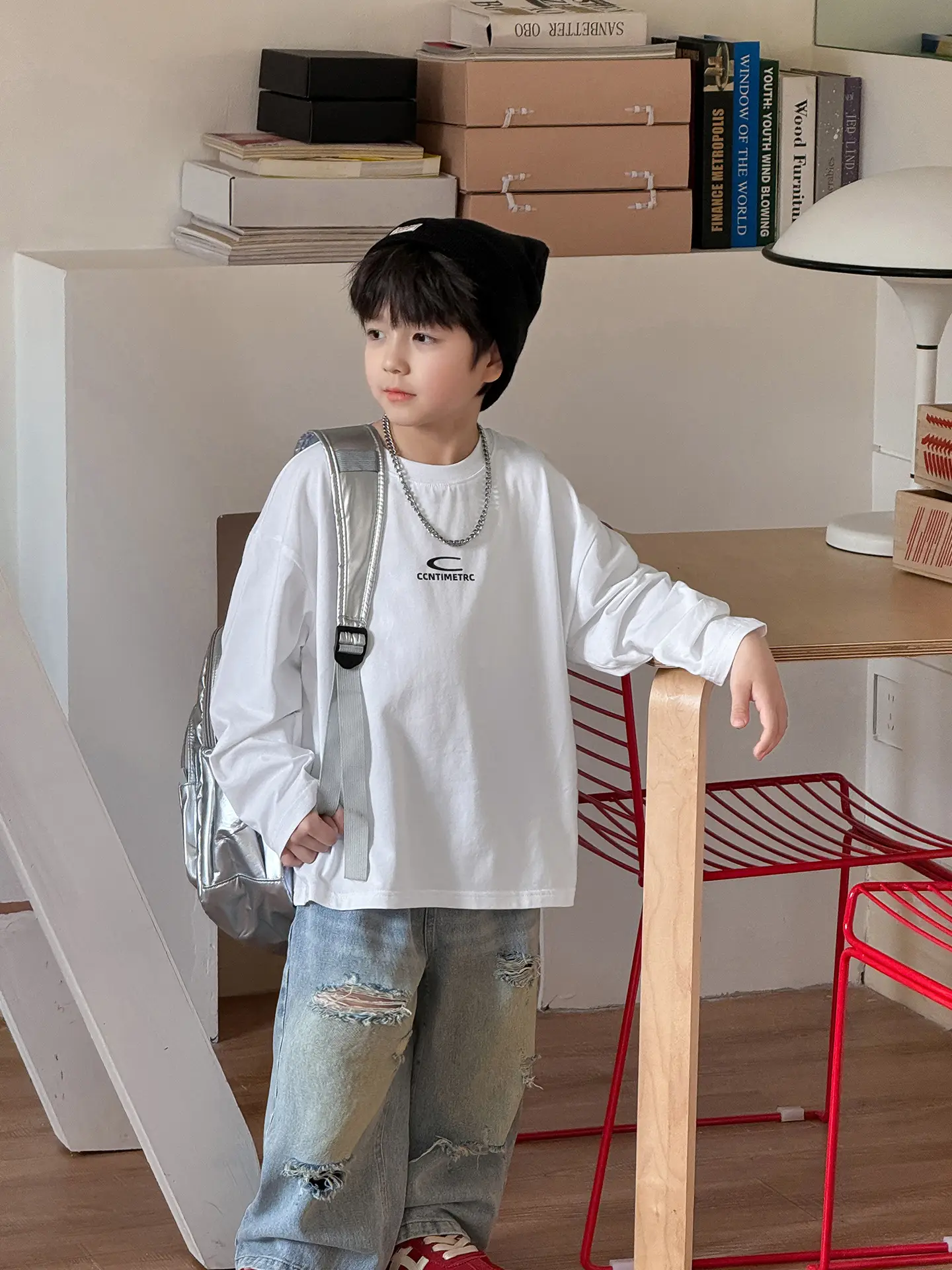 Tongku Boys Letter T-Shirt Solid White Korean Style - Image 8