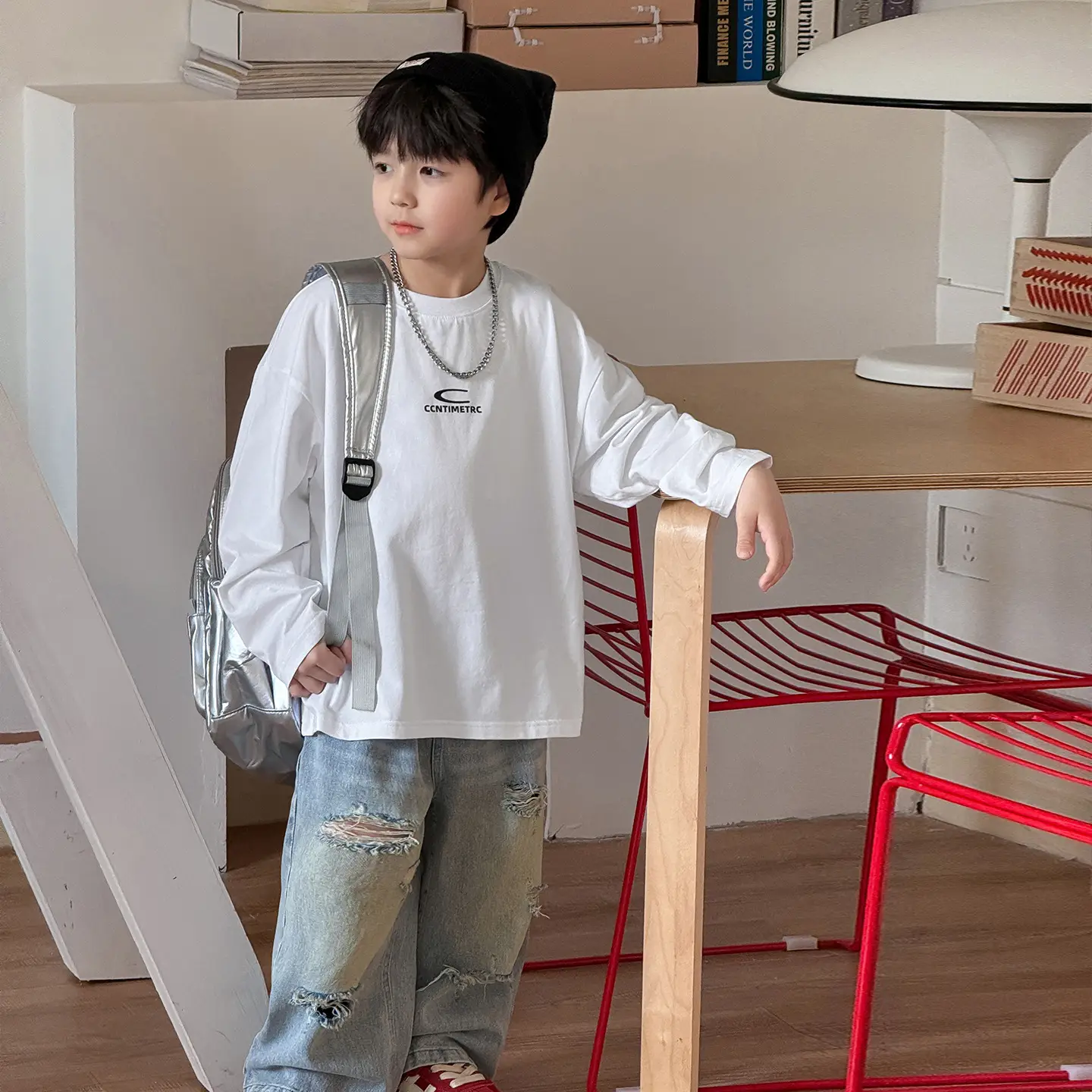 Tongku Boys Letter T-Shirt Solid White Korean Style - Image 2