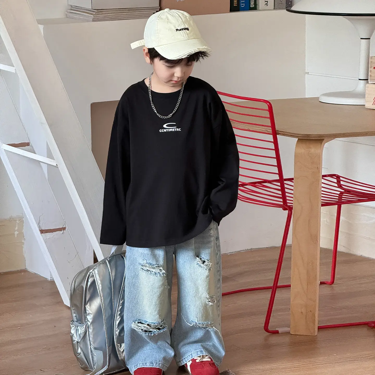 Tongku Boys Letter T-Shirt Solid White Korean Style - Image 3