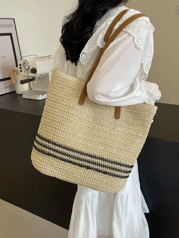Women's Cross-Stitched Straw Shoulder Bag Large Capacity - Image 4