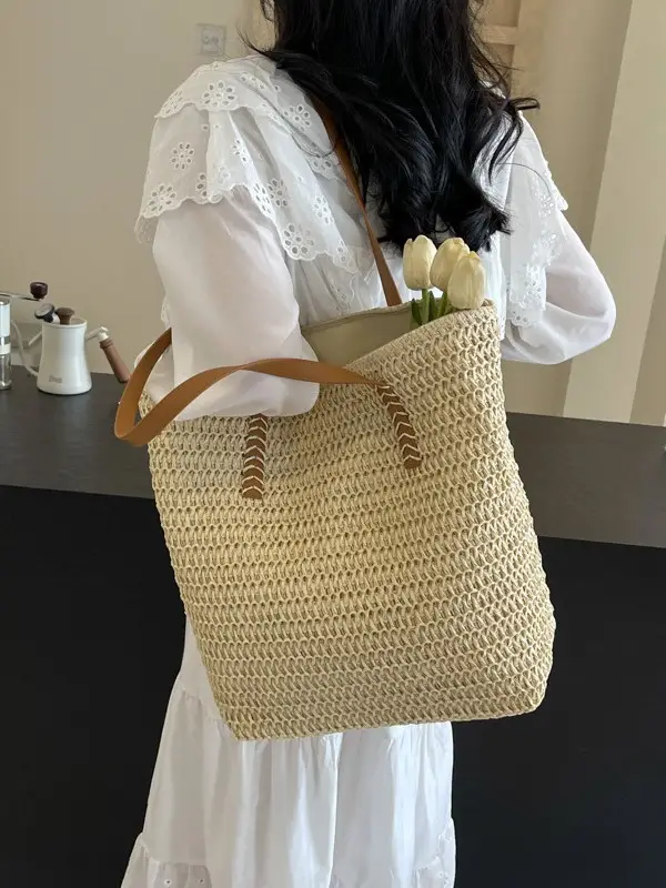 Women's Cross-Stitched Straw Shoulder Bag Large Capacity - Image 6