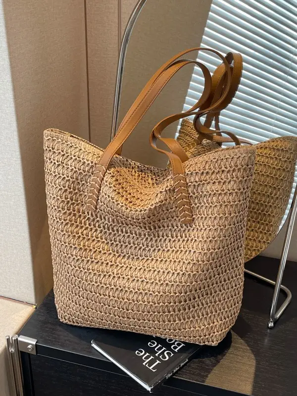 Women's Cross-Stitched Straw Shoulder Bag Large Capacity - Image 7