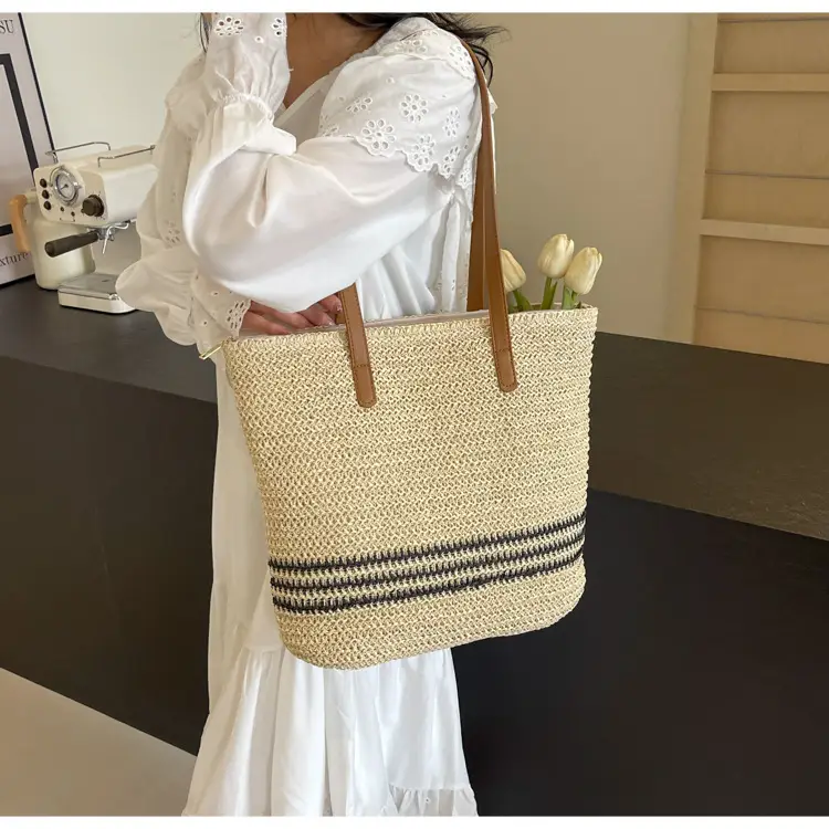 Women's Cross-Stitched Straw Shoulder Bag Large Capacity — feature 12