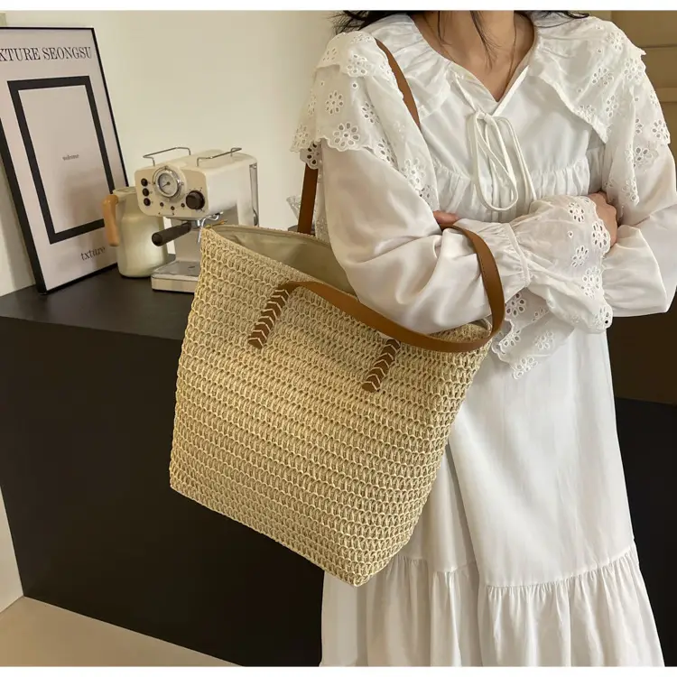 Women's Cross-Stitched Straw Shoulder Bag Large Capacity — feature 13