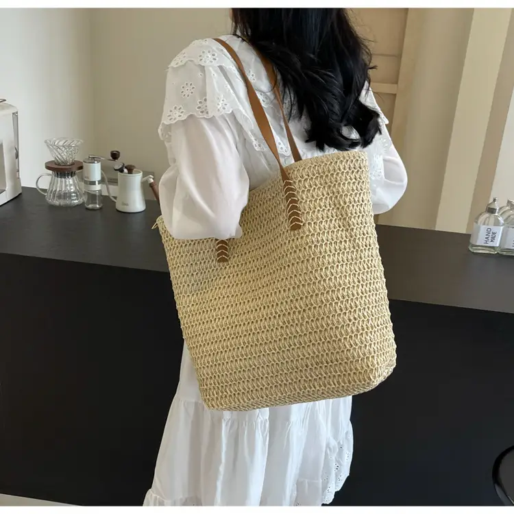 Women's Cross-Stitched Straw Shoulder Bag Large Capacity — feature 14