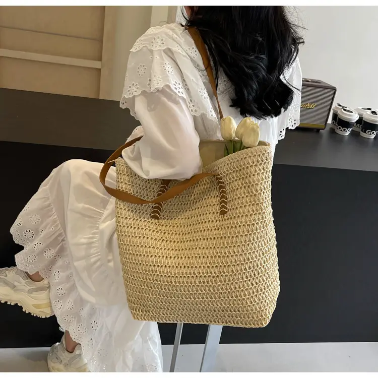Women's Cross-Stitched Straw Shoulder Bag Large Capacity — feature 15
