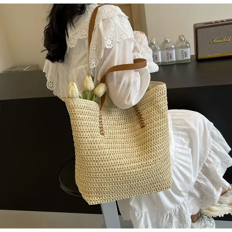 Women's Cross-Stitched Straw Shoulder Bag Large Capacity — feature 16