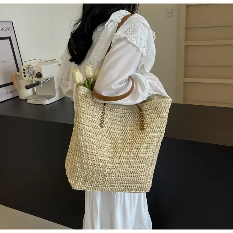 Women's Cross-Stitched Straw Shoulder Bag Large Capacity — feature 17