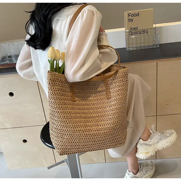 Women's Cross-Stitched Straw Shoulder Bag Large Capacity — feature 19
