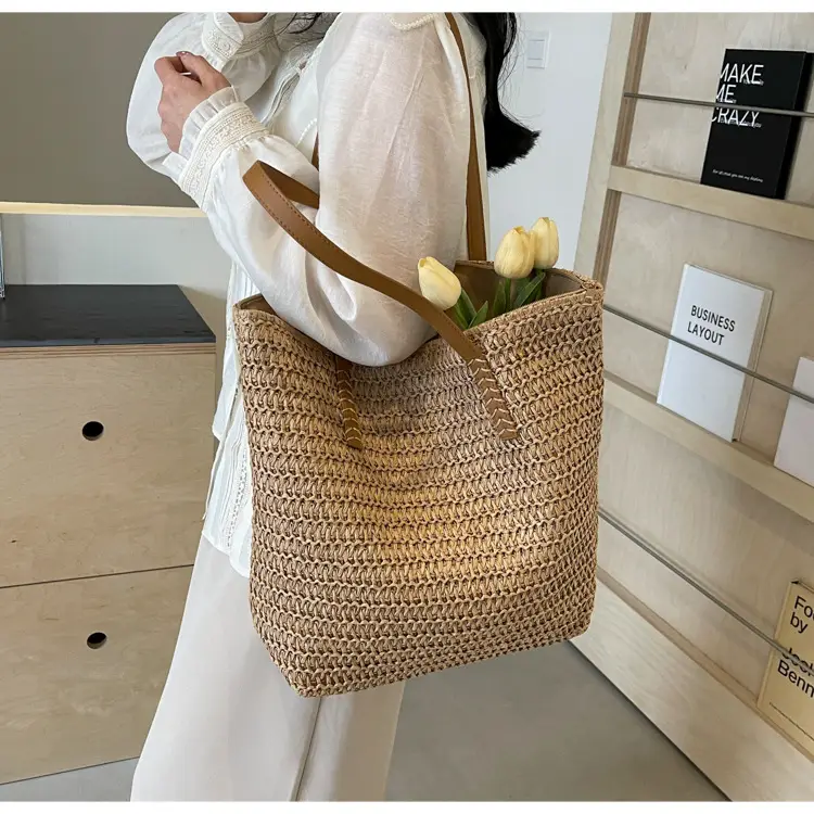 Women's Cross-Stitched Straw Shoulder Bag Large Capacity — feature 21