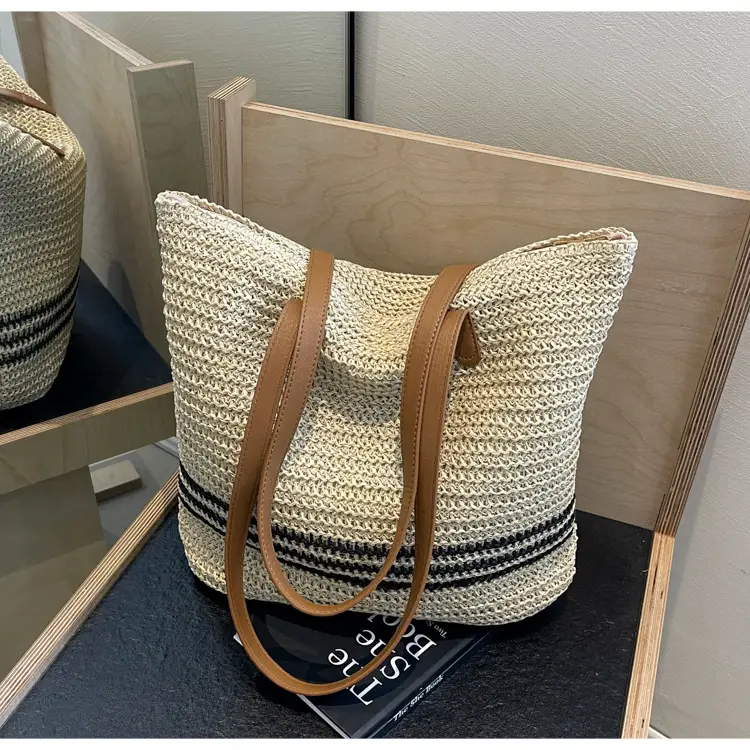 Women's Cross-Stitched Straw Shoulder Bag Large Capacity — feature 22