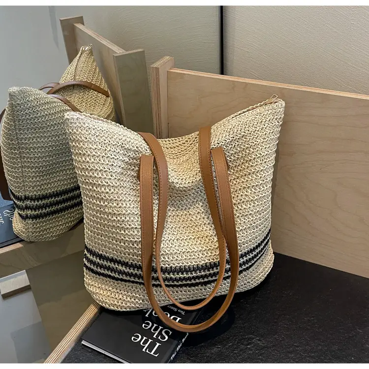 Women's Cross-Stitched Straw Shoulder Bag Large Capacity — feature 23