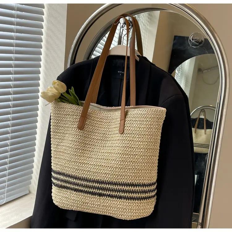 Women's Cross-Stitched Straw Shoulder Bag Large Capacity — feature 24