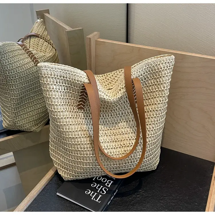 Women's Cross-Stitched Straw Shoulder Bag Large Capacity — feature 26