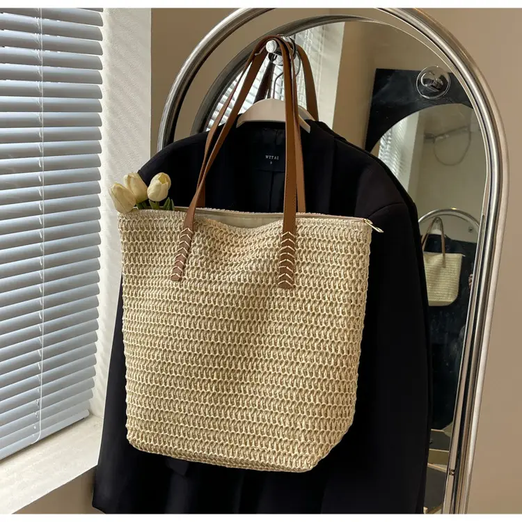 Women's Cross-Stitched Straw Shoulder Bag Large Capacity — feature 27