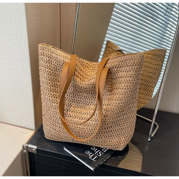 Women's Cross-Stitched Straw Shoulder Bag Large Capacity — feature 28