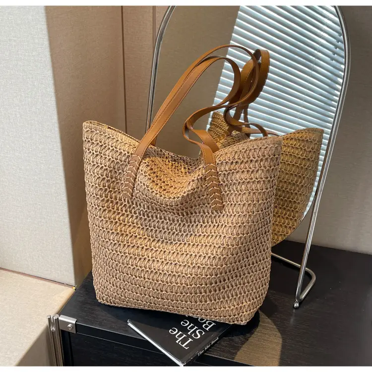 Women's Cross-Stitched Straw Shoulder Bag Large Capacity — feature 29