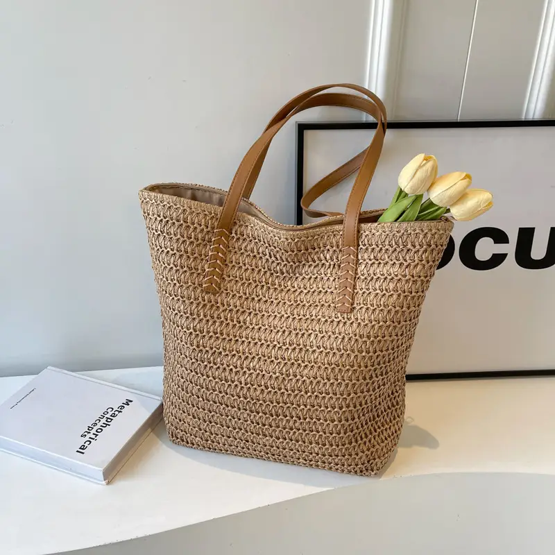 Women's Cross-Stitched Straw Shoulder Bag Large Capacity - Image 2