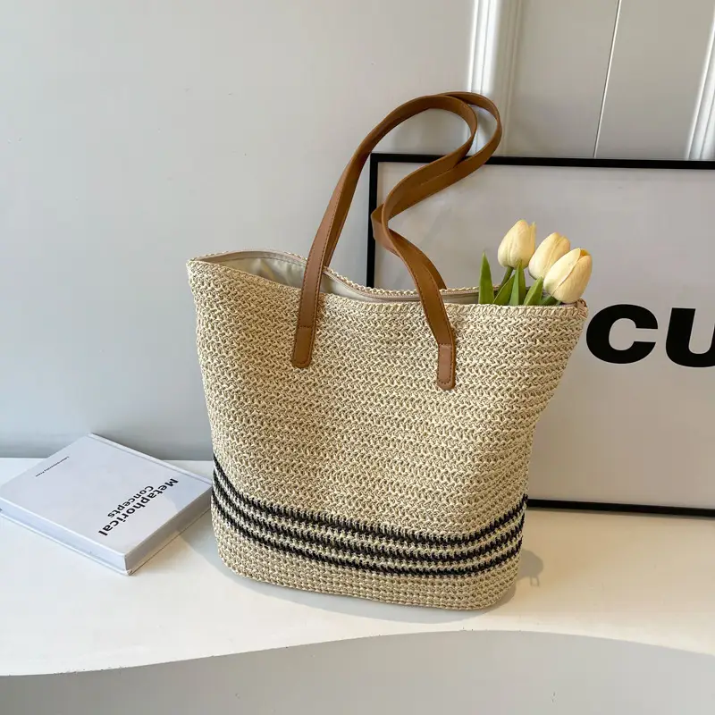 Women's Cross-Stitched Straw Shoulder Bag Large Capacity - Image 3