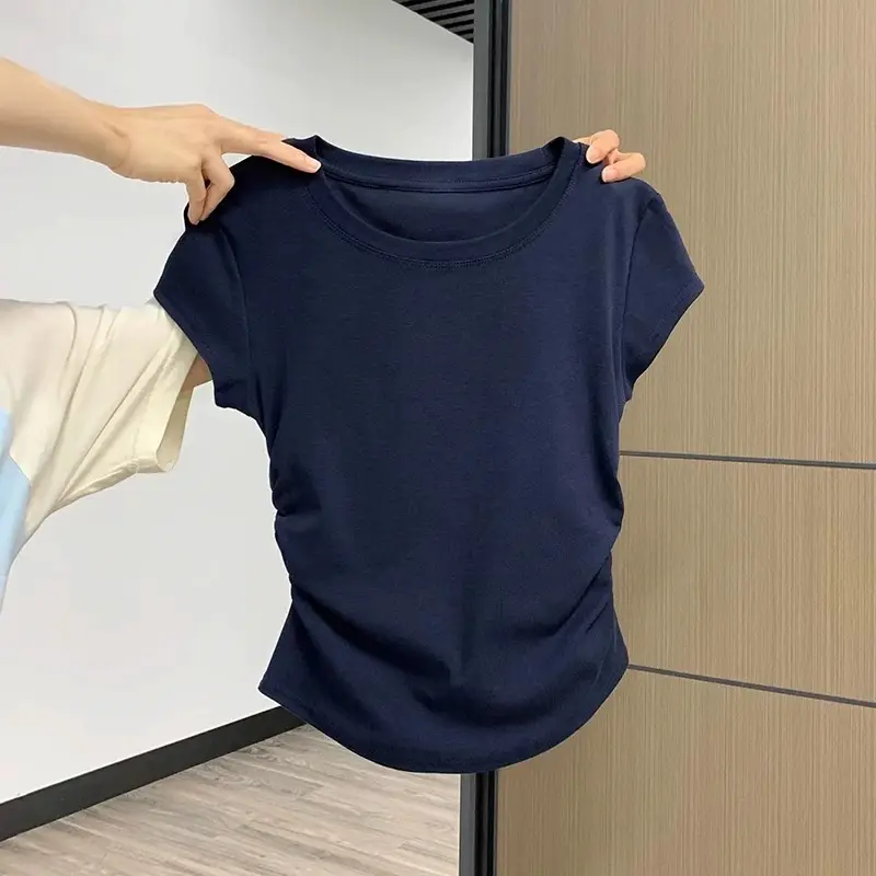 Xizang Blue Shoulder Short-sleeved T-shirt Women's Summer New Design Pleated Waist Round Neck Slim-fit Slim-fit Short Top
