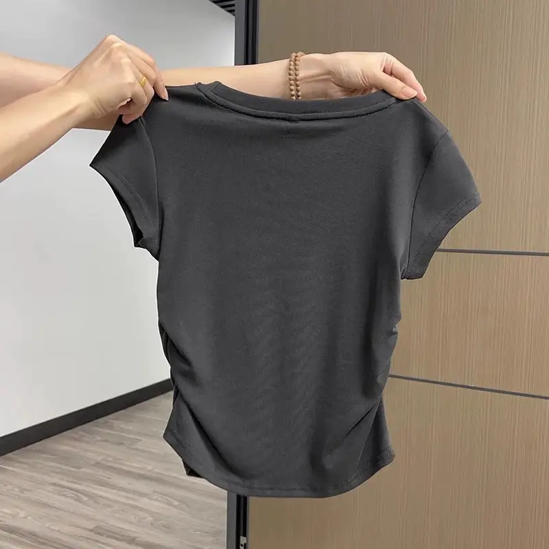 Xizang Blue Shoulder Short-sleeved T-shirt Women's Summer New Design Pleated Waist Round Neck Slim-fit Slim-fit Short Top