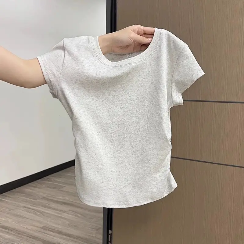 Xizang Blue Shoulder Short-sleeved T-shirt Women's Summer New Design Pleated Waist Round Neck Slim-fit Slim-fit Short Top