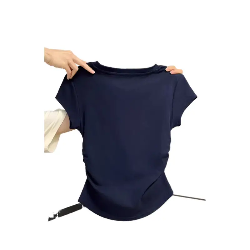 Xizang Blue Shoulder Short-sleeved T-shirt Women's Summer New Design Pleated Waist Round Neck Slim-fit Slim-fit Short Top