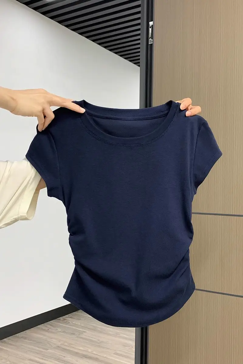 Xizang Blue Shoulder Short-sleeved T-shirt Women's Summer New Design Pleated Waist Round Neck Slim-fit Slim-fit Short Top — feature 3