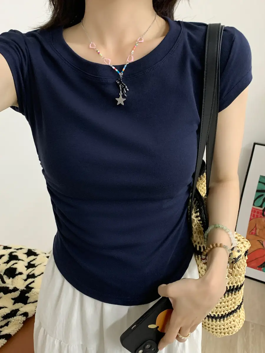 Xizang Blue Shoulder Short-sleeved T-shirt Women's Summer New Design Pleated Waist Round Neck Slim-fit Slim-fit Short Top — feature 4