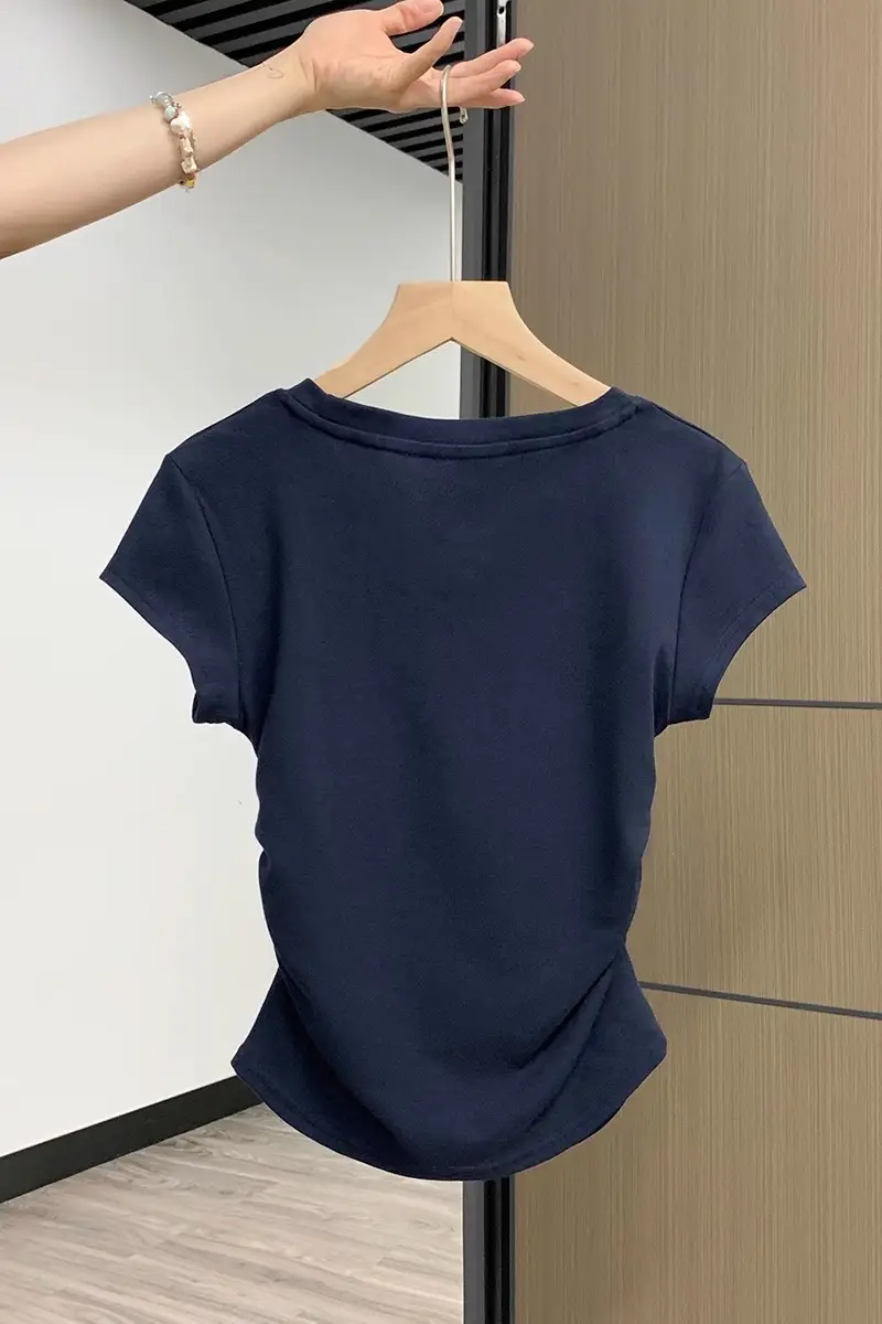 Xizang Blue Shoulder Short-sleeved T-shirt Women's Summer New Design Pleated Waist Round Neck Slim-fit Slim-fit Short Top — feature 9