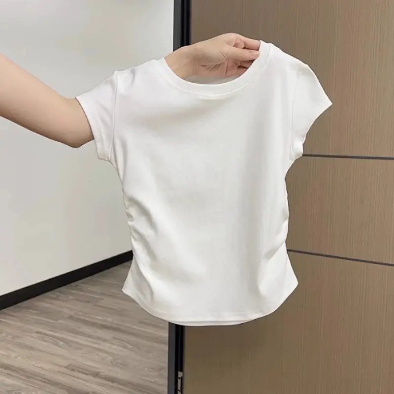 Xizang Blue Shoulder Short-sleeved T-shirt Women's Summer New Design Pleated Waist Round Neck Slim-fit Slim-fit Short Top