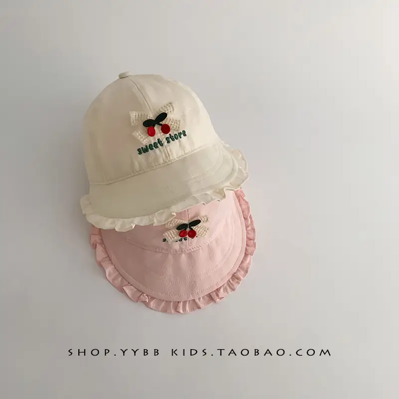 Girls' Beige Cotton Sun Hat with Cherry Embroidery - Image 6