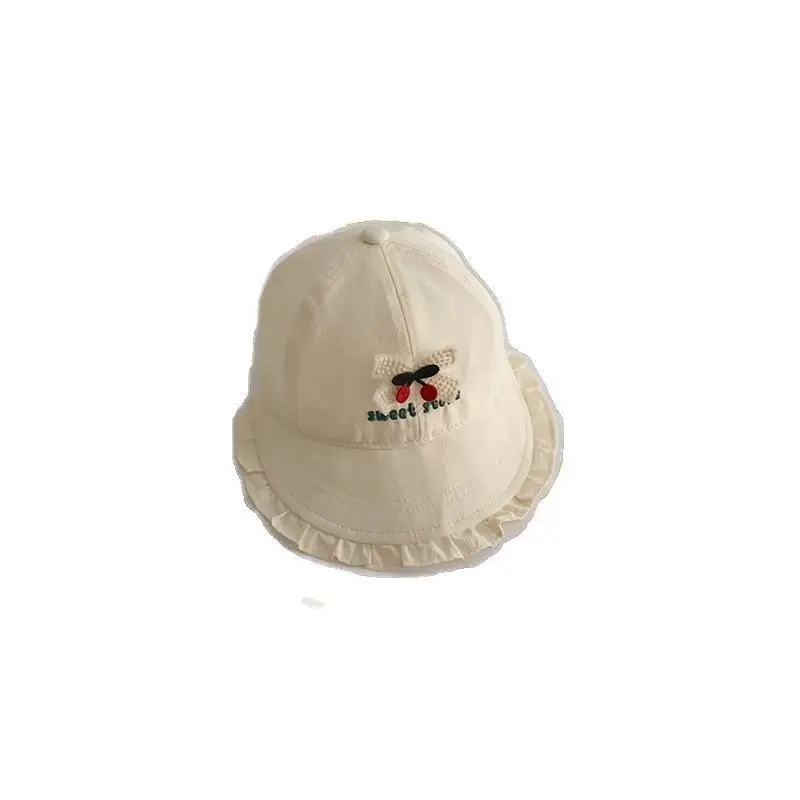 Girls' Beige Cotton Sun Hat with Cherry Embroidery - Image 9