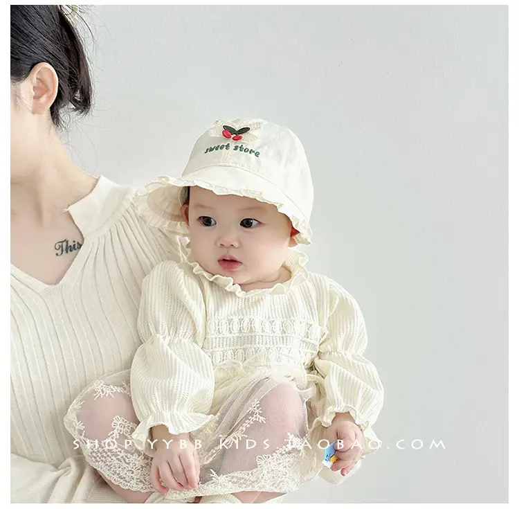Girls' Beige Cotton Sun Hat with Cherry Embroidery — feature 1
