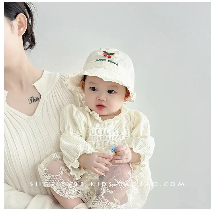 Girls' Beige Cotton Sun Hat with Cherry Embroidery — feature 2
