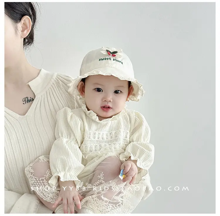 Girls' Beige Cotton Sun Hat with Cherry Embroidery — feature 3