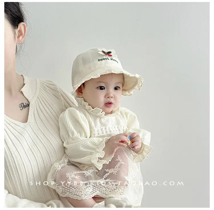 Girls' Beige Cotton Sun Hat with Cherry Embroidery — feature 4